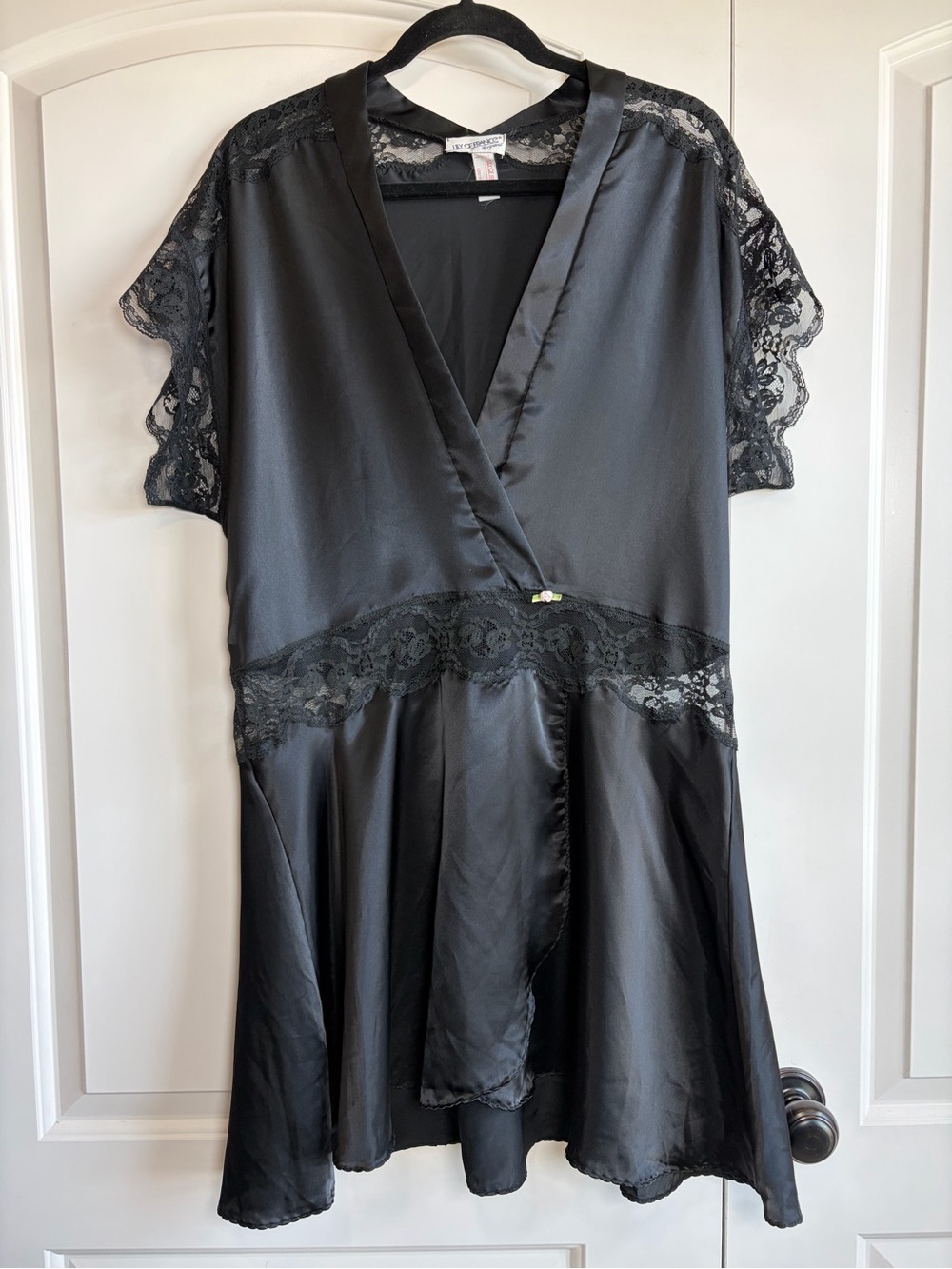 Vintage Lily of France Black Satin Lace Wrap Dress Intimates & Sleepwear Large